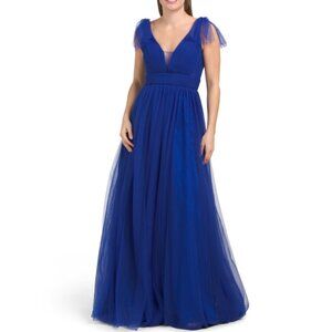 BETSY & ADAM Royal Blue Tulle V-neck Ball Gown With Shoulder Detail